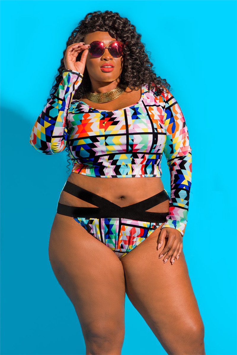 F4694  F4694  Plus Size High Waist swimsuit Long Sleeve Bathing Suit